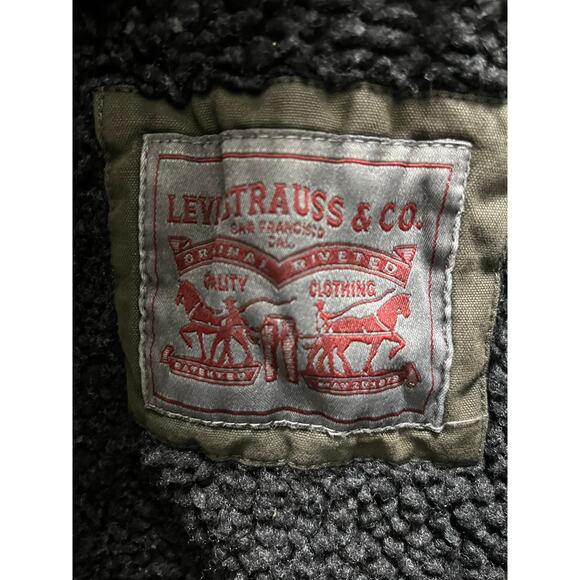 LEVI’S Sherpa MEDIUM Trucker Brown Military Jacket Removable Hood - Picture 11 of 13